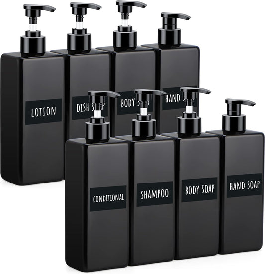 Soap Dispenser, 8 Pcs 500Ml Shampoo and Conditioner Dispenser, Pump Bottle in Plastic, Empty Soap Dispenser Set, Black Soap Dispenser with Labels, Kitchen Decor